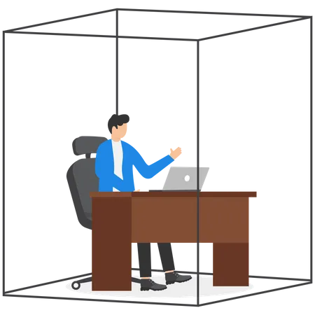Businessman Or Office Worker Working With Laptop Computer Sitting Inside The Box Presenting To Introvert Man Flat Vector Illustration Illustration