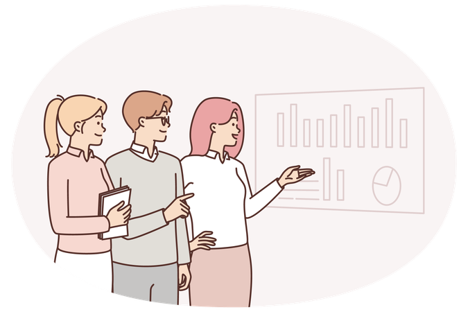 Office workers are discussing marketing performance company looking at display with business charts  Illustration