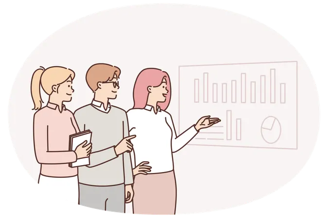 Office workers are discussing marketing performance company looking at display with business charts  Illustration