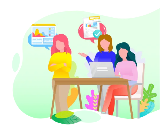 Women With Laptops Working On PC Teamwork Of People Thinking On Business Project Communication Of Employee Meeting Of Professionals At Workplace Foliage And Floral Decor Vector In Flat Style Illustration