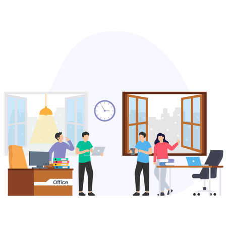 Office workers collaborating and discussing projects in modern office space  Illustration