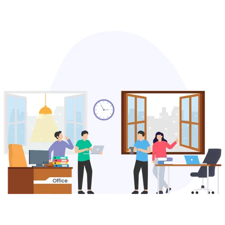 Office workers collaborating and discussing projects in modern office space  Illustration
