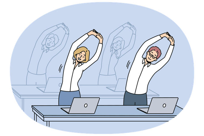 Office workers do exercises standing at workplaces and stretching arms up to increase productivity  Illustration