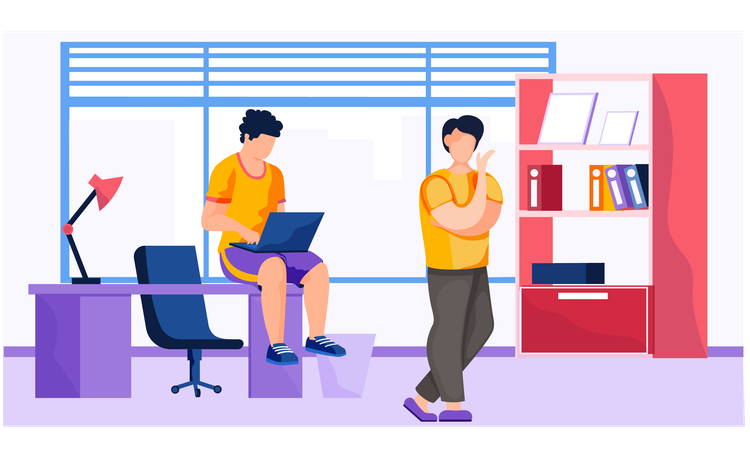 Office workers indoors with computer talking  Illustration