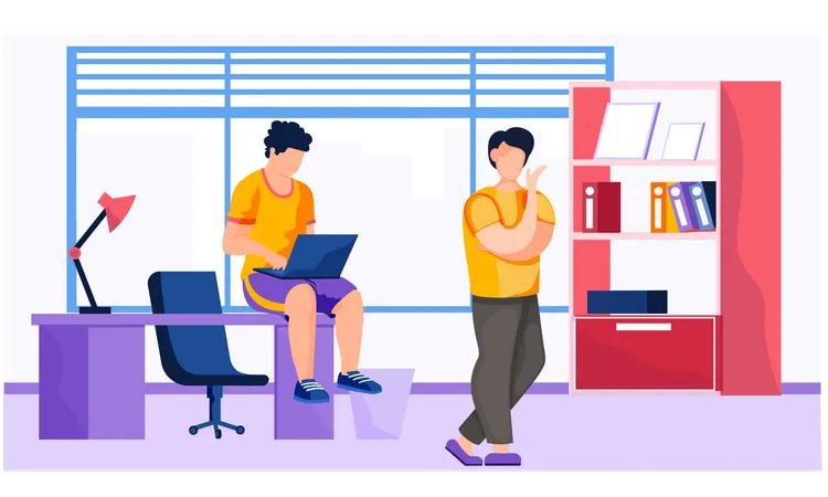 Office workers indoors with computer talking  Illustration