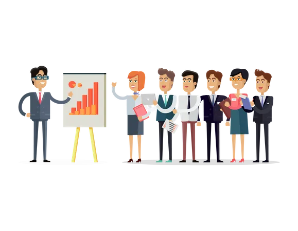 Team Work Concept Vector In Flat Style Office Workers Standing In A Row In Front Of The Head Which Shows Indexes On The Board Business Presentation Illustration For Corporate Ad Infographics Illustration