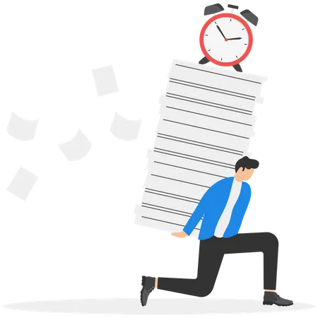 Busy Workload And Deadline Causing Exhaustion And Burnout Overload Or Overworked Office Routine Concept Tired Businessman Carrying Heavy Documents Paperwork With Alarm Clock Deadline On Top Illustration