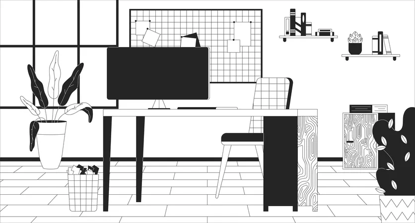 Office Workplace With Computer Black And White Line Illustration Pc On Desk Of Corporate Employee 2 D Interior Monochrome Background Cozy Workspace Organization Outline Scene Vector Image Illustration