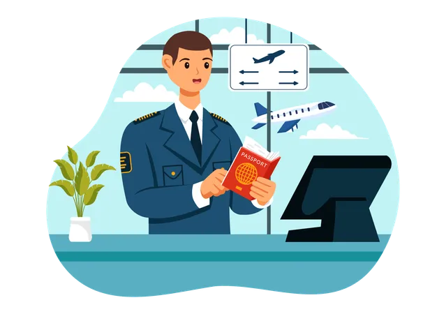 Officer checking passengers passport  Illustration