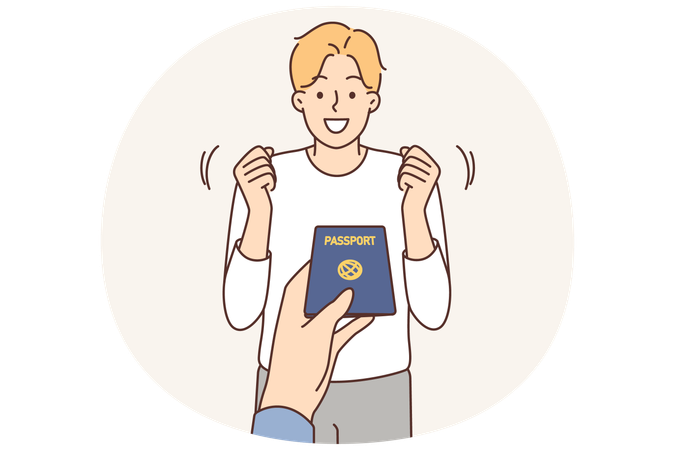 Officer give passport to excited man  Illustration