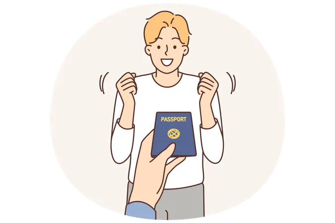 Officer give passport to excited man  Illustration