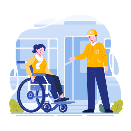 Officer helping disabled woman in wheelchairs  Illustration