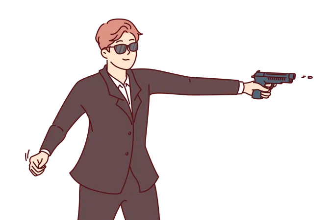 Man Secret Agent Shoots Gun Dressed In Formal Suit And Sunglasses For Covert Operations Secret Agent Guy Works For Special Services Or CIA Performing Especially Dangerous Tasks National Importance Illustration