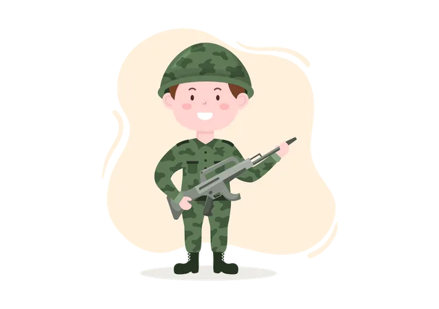 Modele De Force Militaire Dessine A La Main Dessin Anime Mignon Illustration Plate Avec Soldat Arme Char Ou Equipement Lourd De Protection Illustration