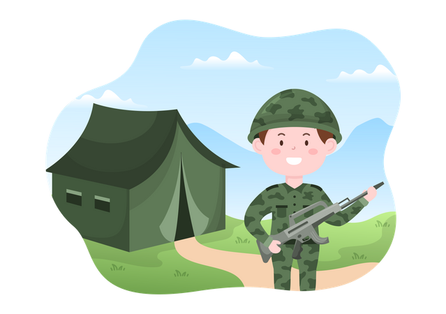 Officier militaire avec arme à feu sur tente militaire  Illustration