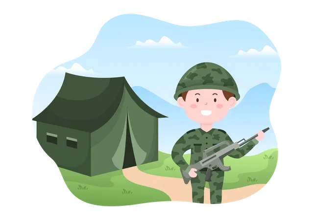 Officier militaire avec arme à feu sur tente militaire  Illustration