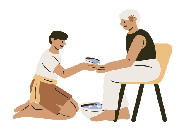 Offspring Pouring Water on Hands of Elderly  Illustration
