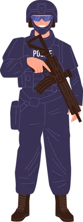 Oficial da SWAT usando capacete e armadura corporal com metralhadora nas mãos  Ilustração