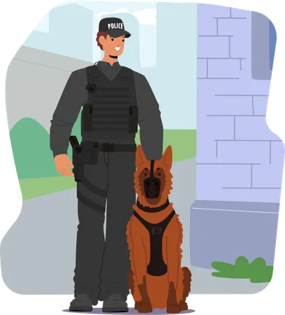 Oficial de policía masculino con perro  Ilustración