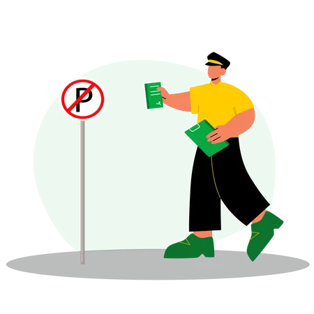 Oficial de policía dando multa de estacionamiento.  Ilustración