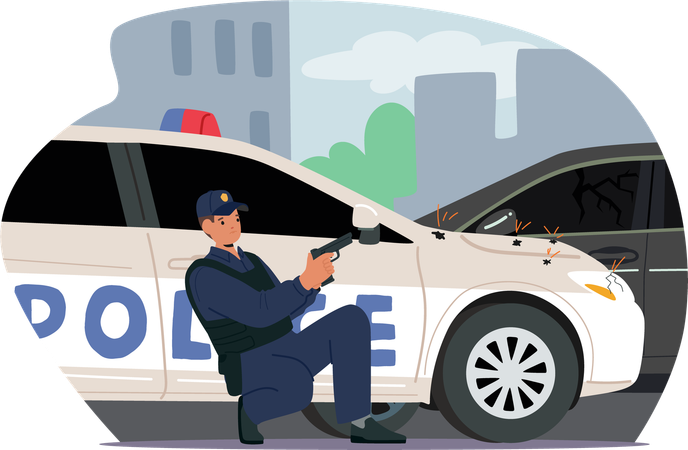 Oficial de policía se esconde tras un coche patrulla acribillado a balazos  Ilustración
