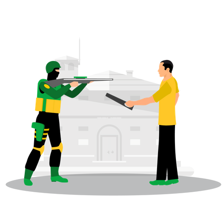 Oficial do exército mostrando rifle para criminoso masculino  Ilustração