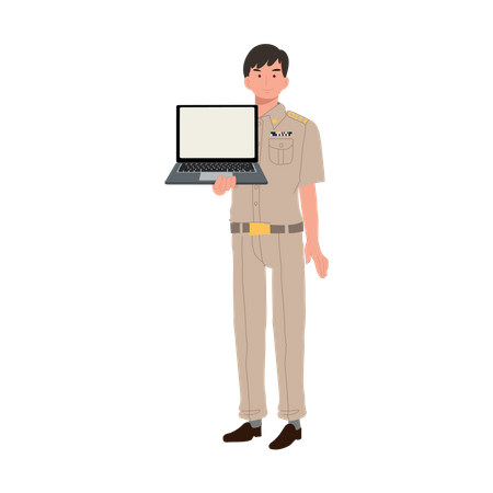 Oficial do governo tailandês mostrando laptop  Ilustração