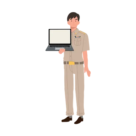 Oficiais Do Governo Tailandes Do Sexo Masculino Uniformizados Professor Tailandes Segurando Mostrando Laptop Ilustracao Vetorial Plana Ilustração