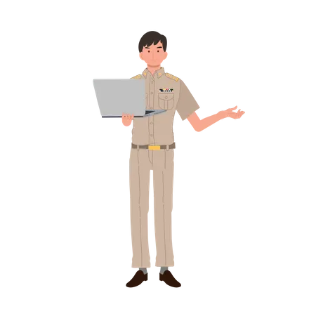 Oficial do governo tailandês segurando laptop e explicando  Ilustração