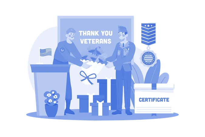 Oficial militar apresenta certificados de premiação aos veteranos de serviço  Ilustração