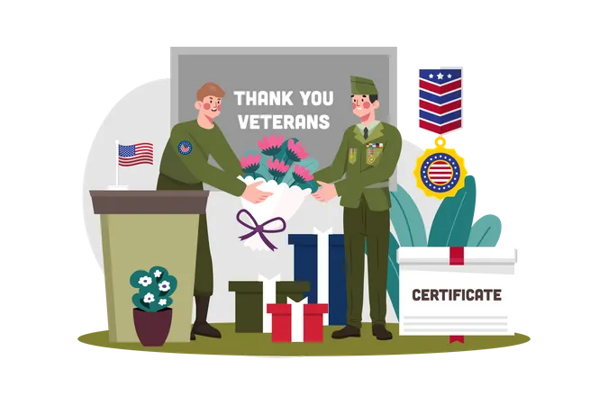 Oficial militar apresenta certificados de premiação aos veteranos de serviço  Ilustração