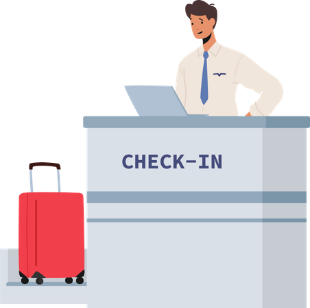Oficial no balcão de check-in do aeroporto  Ilustração