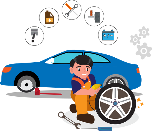 Oficina de conserto e troca de pneus com serviço de mecânico de automóveis para carro com pneu furado  Ilustração