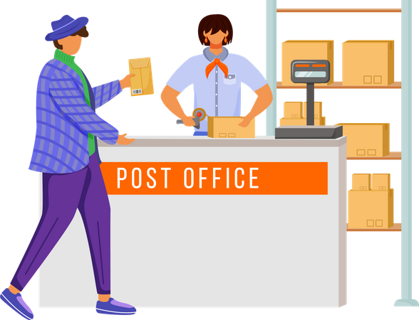Trabajadora y cliente de la oficina de correos  Ilustración