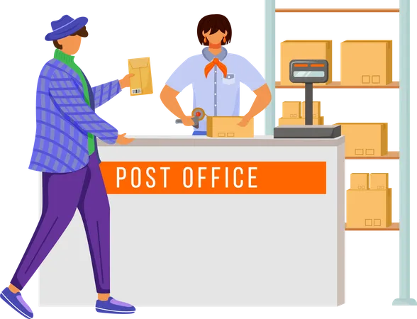 Trabajadora y cliente de la oficina de correos  Ilustración