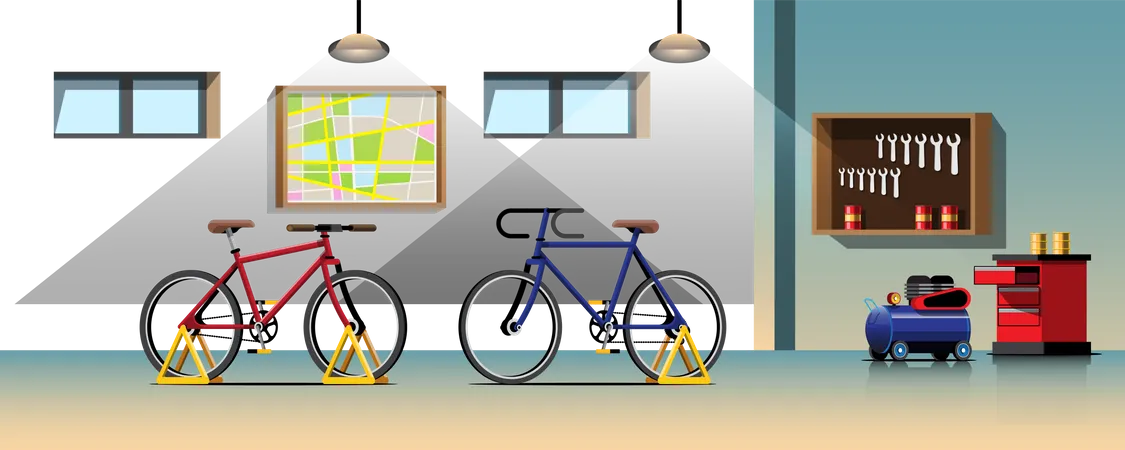 Oficina de manutenção de bicicletas  Ilustração