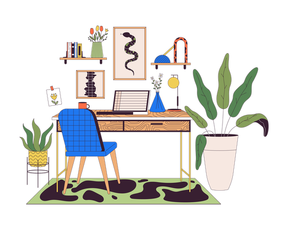 Oficina en casa con computadora portátil  Ilustración