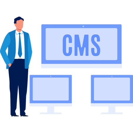 Hombre de oficina mostrando el sistema de gestión de contenido CMS  Ilustración