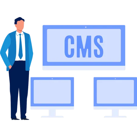 Hombre de oficina mostrando el sistema de gestión de contenido CMS  Ilustración