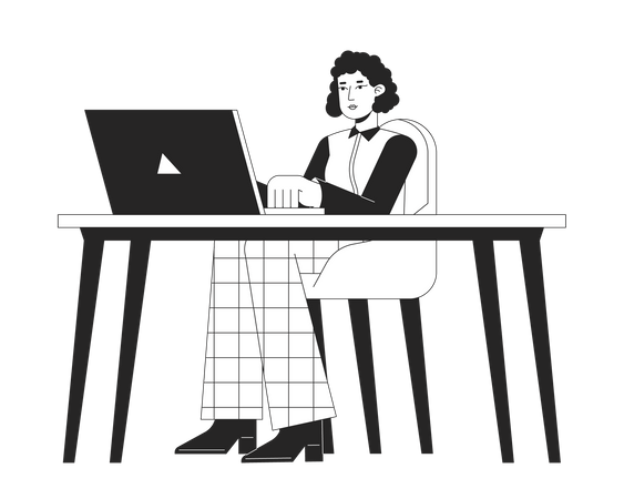Trabajadora de oficina sentada en el escritorio con una computadora portátil  Ilustración