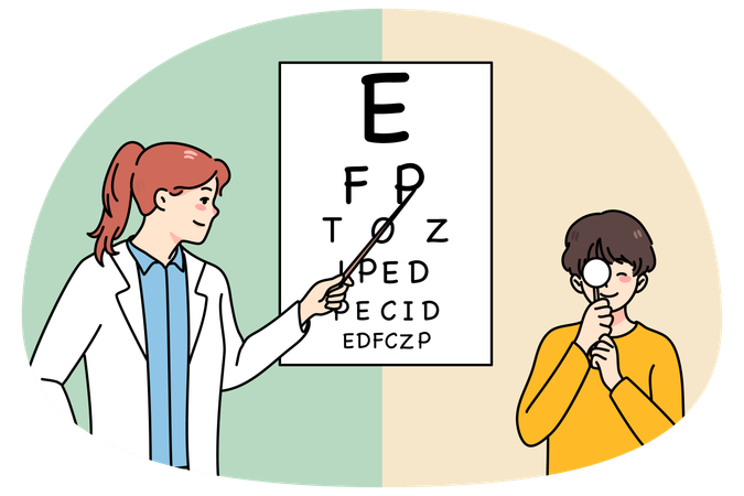 Una oftalmóloga examina la vista de un niño.  Ilustración