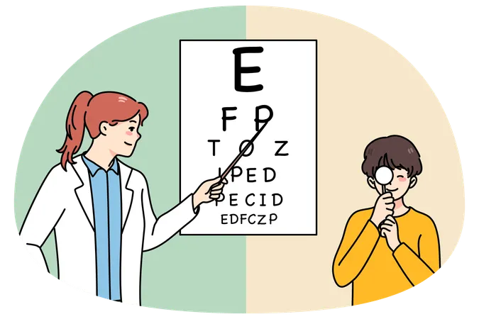Una oftalmóloga examina la vista de un niño.  Ilustración