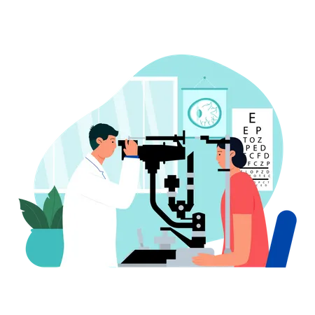 Menina feminina visitando especialista em olhos  Ilustração