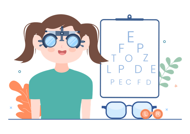 Médico oftalmologista verifica a visão do paciente para dioptria de óculos  Ilustração