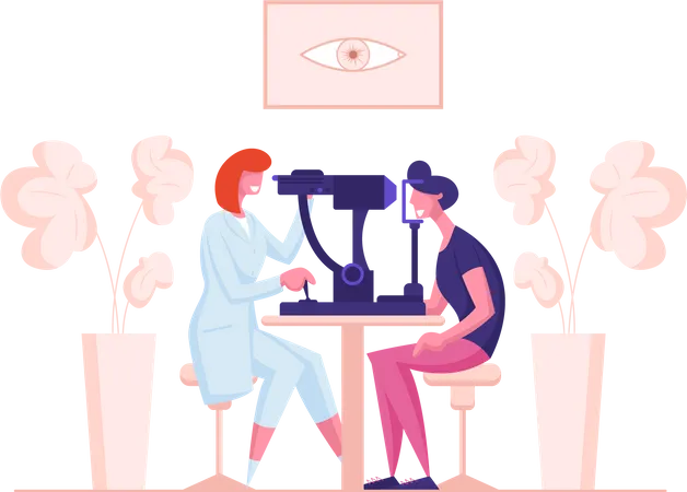 Médico oftalmologista testa olho em dispositivo especial  Ilustração