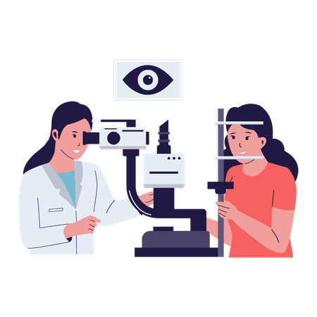 Oftalmologista verificando a visão de seu paciente usando máquina de teste oftalmológico  Ilustração