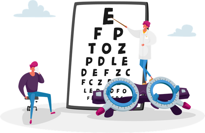 Oftalmólogo médico revisa la vista del paciente para anteojos dioptrías  Ilustración
