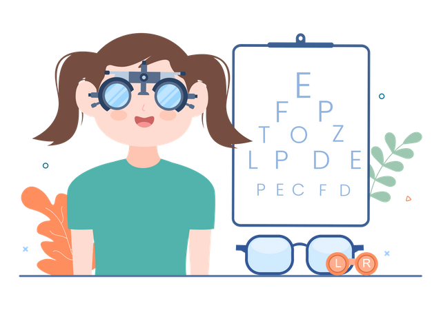 Oftalmólogo médico revisa la vista del paciente para anteojos dioptrías  Ilustración