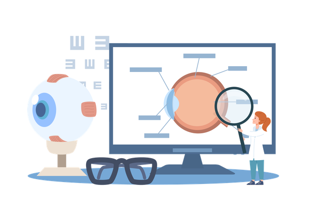 Oftalmólogo con lupa de pie cerca de un monitor enorme con la anatomía del ojo.  Ilustración