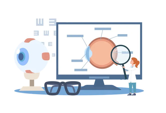 Oftalmólogo con lupa de pie cerca de un monitor enorme con la anatomía del ojo.  Ilustración